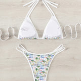 Swim Mod Conjunto de bikini con estampado de palmeras y barcos Sujetador de triangulo halter y parte inferior de bikini Traje de bano de 2 piezas