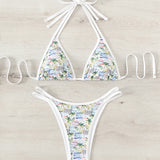 Swim Mod Conjunto de bikini con estampado de palmeras y barcos Sujetador de triangulo halter y parte inferior de bikini Traje de bano de 2 piezas