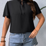 Blusa de cuello con cordon de manga mariposa ribete fruncido