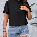 Blusa de cuello con cordon de manga mariposa ribete fruncido