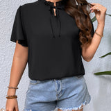 Blusa de cuello con cordon de manga mariposa ribete fruncido