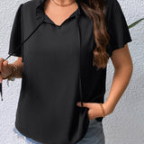 Blusa de cuello con cordon de manga mariposa ribete fruncido