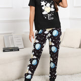 Conjunto de pijama pantalones con camiseta con estampado de luna y slogan