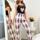 Conjunto de pijama Top de tirantes con estampado de corazon y letra & Pantalones de cuadros