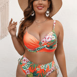 Swim Curve Banador bikini con estampado tropical cruzado push up de talle alto