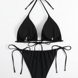 Swim Curve Plus Set bikini unicolor Sujetador triangulo halter & bottom bikini con cordon lateral Traje de bano de 2 piezas
