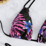 Conjunto de bikini cruzado con estampado tropical aleatorio y tirantes al cuello para playa de verano