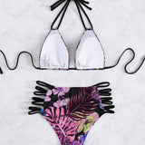 Conjunto de bikini cruzado con estampado tropical aleatorio y tirantes al cuello para playa de verano