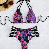 Conjunto de bikini cruzado con estampado tropical aleatorio y tirantes al cuello para playa de verano