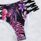 Conjunto de bikini cruzado con estampado tropical aleatorio y tirantes al cuello para playa de verano