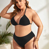 Swim Curve Conjunto de bikini minimalista con sujetador de triangulo halter y traje de bano de 2 piezas con bottom de talle alto