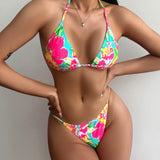 Swim Conjunto De Bikini De Triángulo Halter Con Estampado Floral De Playa De Verano