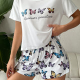 Conjunto de pijama shorts con camiConjuntoa con estampado de mariposa y slogan