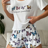 Conjunto de pijama shorts con camiConjuntoa con estampado de mariposa y slogan