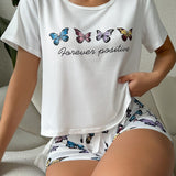 Conjunto de pijama shorts con camiConjuntoa con estampado de mariposa y slogan