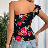 Prive Top con estampado floral de un hombro ribete con fruncido