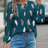 Blusa con estampado de pluma de cuello de muesca de manga obispo