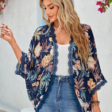 EMERY ROSE kimono con estampado tropical con encaje en contraste de manga murcielago