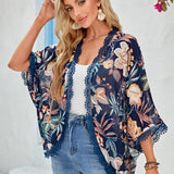 EMERY ROSE kimono con estampado tropical con encaje en contraste de manga murcielago