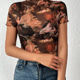 Prive Top con estampado de figura ribete en forma de lechuga de malla sin Brasier