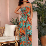 VCAY Tropical Print Shirred Detail Frill Trim Belted Tube Jumpsuit