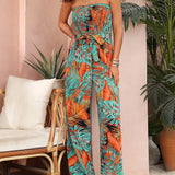 VCAY Tropical Print Shirred Detail Frill Trim Belted Tube Jumpsuit