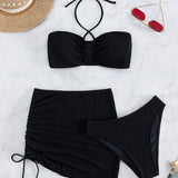 Swim Conjunto de bikini unicolor Top de bikini halter y bikini y falda de playa fruncida con cordon Traje de bano de 3 piezas