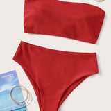 Swim Conjunto de bikini unicolor Sujetador de tubo reversible con cordones en la espalda y parte inferior de talle alto Traje de bano de 2 piezas