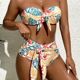 Swim Conjunto de bikini con parte superior bandeau de nudo delantera y estampado tropical, perfecto para verano y playa