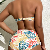 Swim Conjunto de bikini con parte superior bandeau de nudo delantera y estampado tropical, perfecto para verano y playa