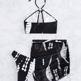 Conjunto de bikini de tie dye Top sujetador sin aro con abertura con diseno de aro O y bottom y falda atrevidas del bikini Traje de bano de 3 piezas