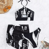 Conjunto de bikini de tie dye Top sujetador sin aro con abertura con diseno de aro O y bottom y falda atrevidas del bikini Traje de bano de 3 piezas
