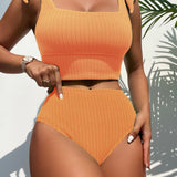 Swim Conjunto de tankini teturizado con lazo en la parte superior del hombro y parte inferior de e alto traje de baño de 2 piezas