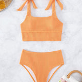 Swim Conjunto de tankini teturizado con lazo en la parte superior del hombro y parte inferior de e alto traje de baño de 2 piezas