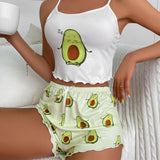 Conjunto de pijama shorts con top de tirantes con estampado de dibujos animados ribete en forma de lechuga