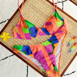 Swim Conjunto de bikini con estampado geometrico colorido, sujetador push-up con aros y hebilla, parte inferior del bikini, traje de bano de 2 piezas