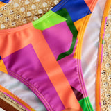 Swim Conjunto de bikini con estampado geometrico colorido, sujetador push-up con aros y hebilla, parte inferior del bikini, traje de bano de 2 piezas