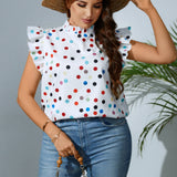 Blusa con estampado de lunares ribete con fruncido de cuello alto