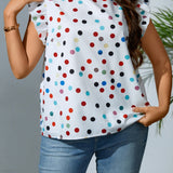 Blusa con estampado de lunares ribete con fruncido de cuello alto