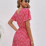 VCAY Ditsy Floral Print Butterfly Sleeve Knot Front Romper