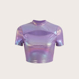 Rave Camiseta corta metalizada con cuello simulado y corte frontal