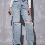 EZwear Jeans desgarro de pierna ancha de talle alto