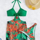 Banador bikini halter con estampado tropical con falda de playa