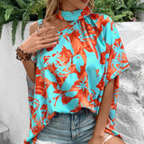 VCAY Blusa con estampado floral de cuello asimetrico con diseno de cadena