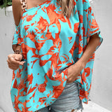 VCAY Blusa con estampado floral de cuello asimetrico con diseno de cadena