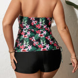 Swim Lushore Traje de bano de 2 piezas con top halter cruzado y calzoncillos tipo boxer con estampado tropical Plus