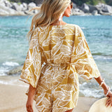 VCAY Tropical Print Batwing Sleeve Belted Romper