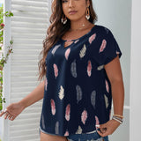 Blusa con estampado de pluma de cuello con abertura de ojo de manga murcielago