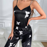 Conjunto de pijama con estampado de mariposa de saten