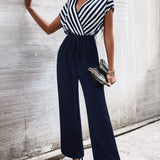 Frenchy Striped Print Surplice Neck Knot Front Jumpsuit